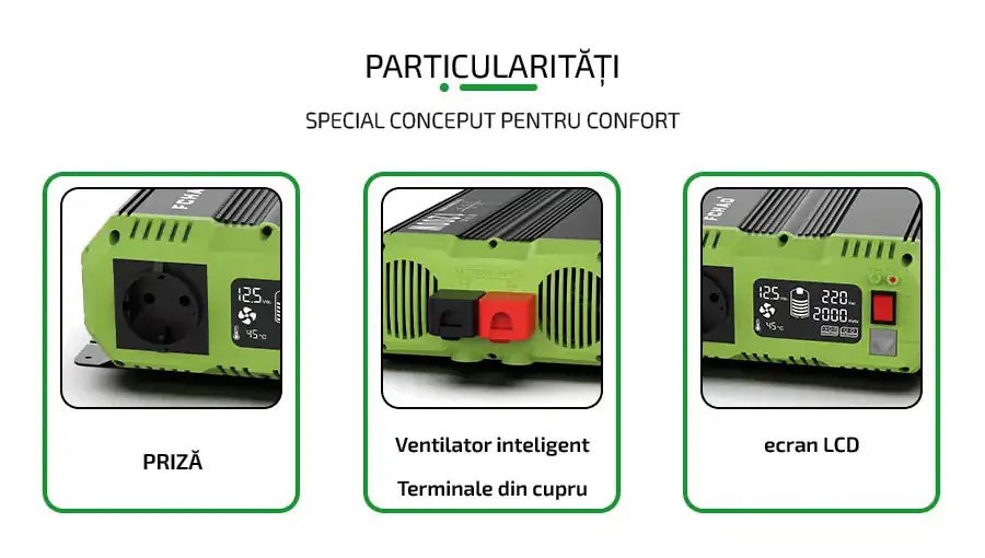invertor 12-220 1800W Particularități - Prize 2 buc., Ventilator inteligent Conexiune de cupru, Ecran LCD
